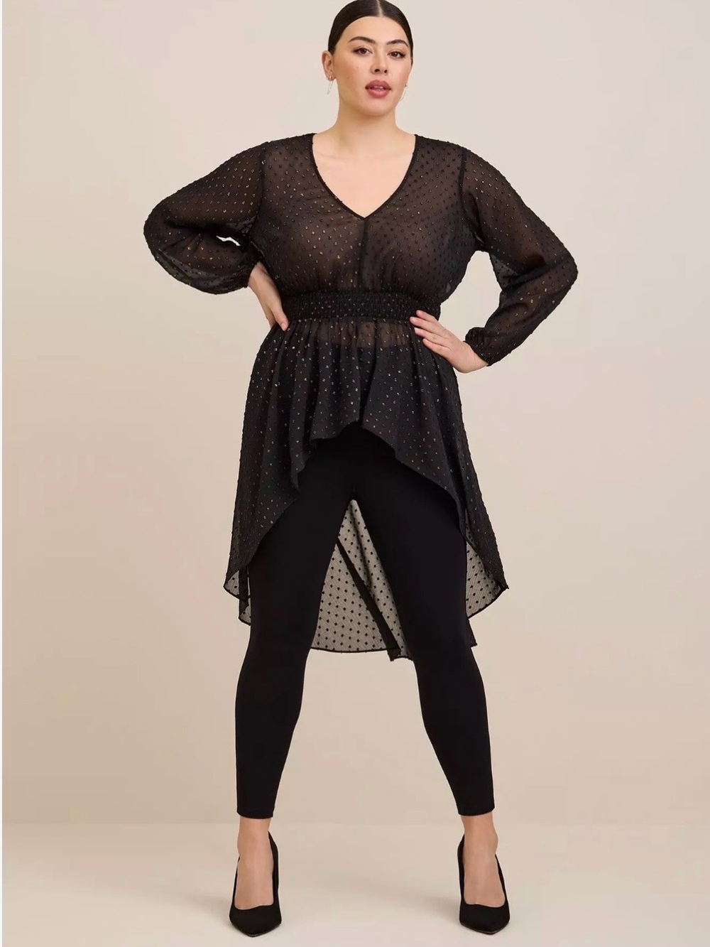 torrid Black Sheer Chiffon Rainbow Swiss Dot Long Sleeve Top-Size 3X
